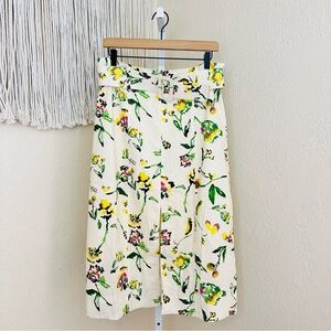 Tanya Taylor Floral Midi Skirt Size 10 Linen Blend Front Slit Belted Cream Ivory
